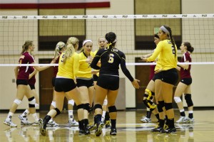 PLU celebrates after winning a point against Concordia-Moorhead. Picture by Thomas Soerenes.