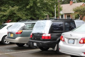 The car prowlers shattered windows of five cars and forced the driver’s side door open on a sixth Sept. 27. Facilities Maintenance provided the cars’ owners with plastic bags to cover their windows due to inclement weather over the weekend.