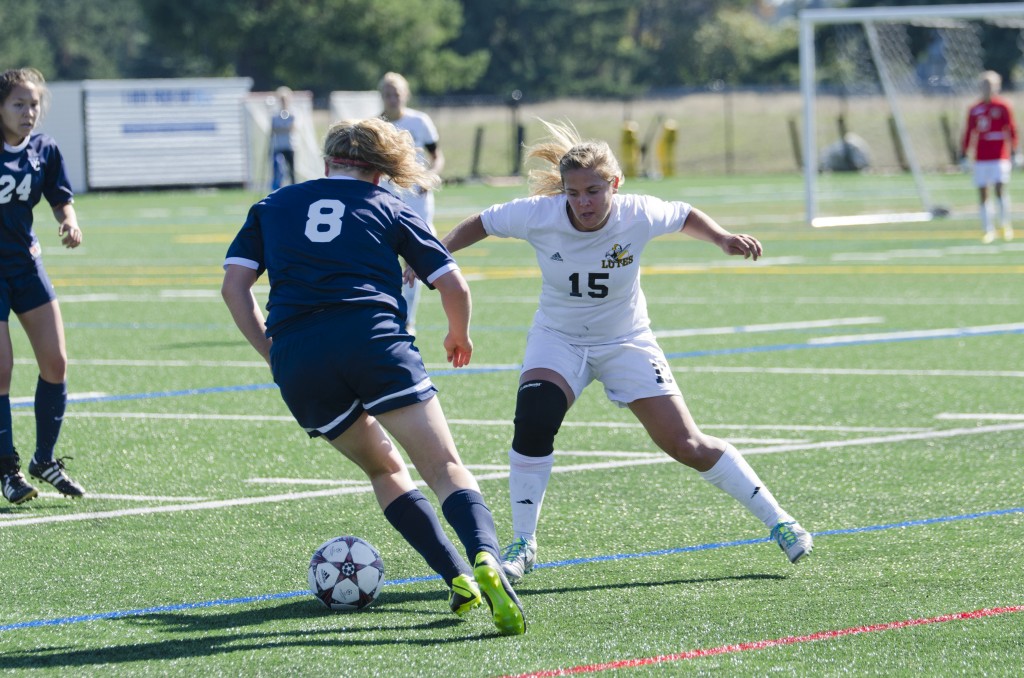 Sophomore Kailey Lyman, a midfielder, tracks down the ball against Whitman on Sunday, Oct. 6.