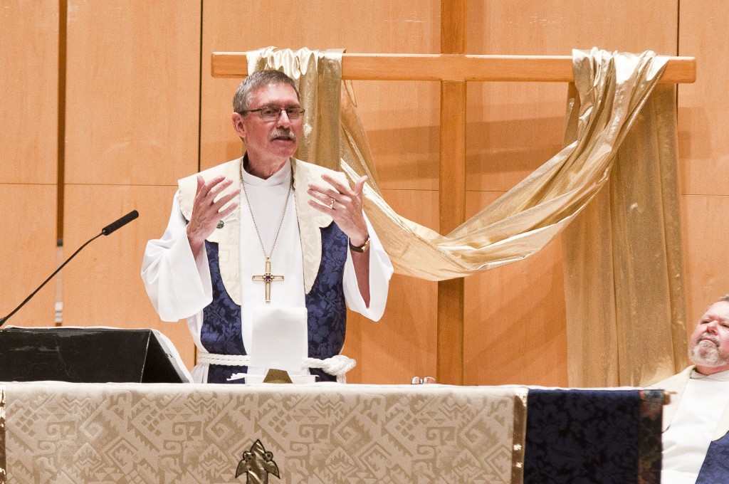 Richard Jaech, bishop of the Southwestern Washington Synod of the Evangelical Lutheran Church in America, gives a sermon at University Congregation Sunday as the church was officially recognized as a “Reconciling in Christ” congregation. Photo by Josh Aten.