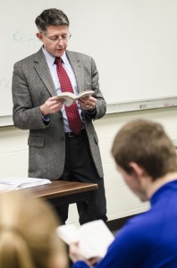 President Thomas Krise reads from Macbeth to his English 213 class Jan. 16, 2013. Krise plans to teach at least one course a year. Photo/Jesse Major