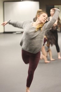  Junior Bethany Auld rehearses for Dance Concert Wednesday in the Columbia Center. Dance Concert will take place in the Karen Hille Phillips Center April 11 and 12. Photo by Emily Jacka.