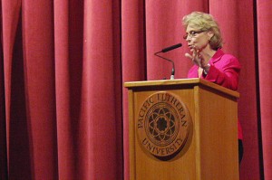 Former Governor Christine Gregoire came to speak at Pacific Lutheran University this past Earth Day, Tuesday. Gregoire’s speech primarily focused on the enviornment in Puget Sound and emphasized Puget Sound’s importance in the Pacific Northwest identity. Photo by Emily Jacka.