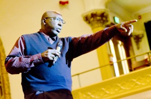 Tony Porter, co-founder of Good Men, points to random audience members of the A Call to Men town hall on April 4 and asks how they want men act in the world their daughters grow up in. Porter challenged audience members to challenge the stereotypical ideas of masculinity. 