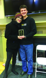 Angie Tinker (left) and Brendan Stanton (right) with their award for winning first place in the preliminary awards at Linfield University. Photo courtesy of Angie Tinker