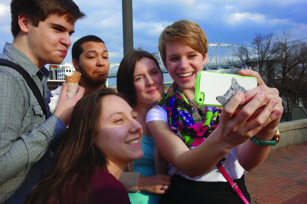 LEFT TO RIGHT: First-year Gabriel Johnson, junior Devin Turner, first-year Ingrid Smith, junior Kristi Eckroth and first-year Lyndi Knox take a selfie in Nashville. 