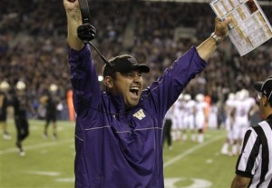 Photo Courtesy of Ted S. Warren, AP: Sarkisian celebrating a victory over 8th ranked Stanford in 2012
