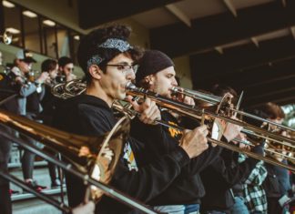 Pep band brings the hype to football season The PLU Pep Band plays at a football game.